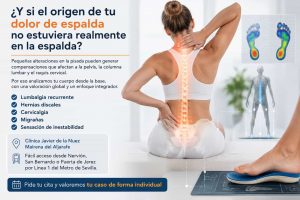 Infografía: cómo las alteraciones de la pisada generan dolor de espalda, cervicalgia y migrañas. Estudio biomecánico en la Clínica Javier de la Nuez, Mairena del Aljarafe.