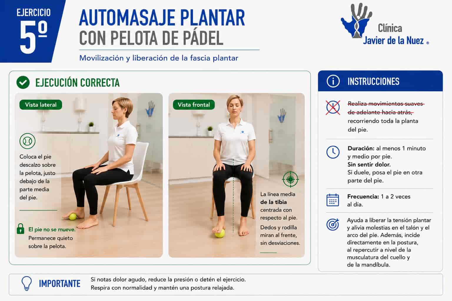 Automasaje plantar con pelota de padel para liberar la fascia plantar, ejercicio recomendado por la Clinica Javier de la Nuez en Mairena del Aljarafe